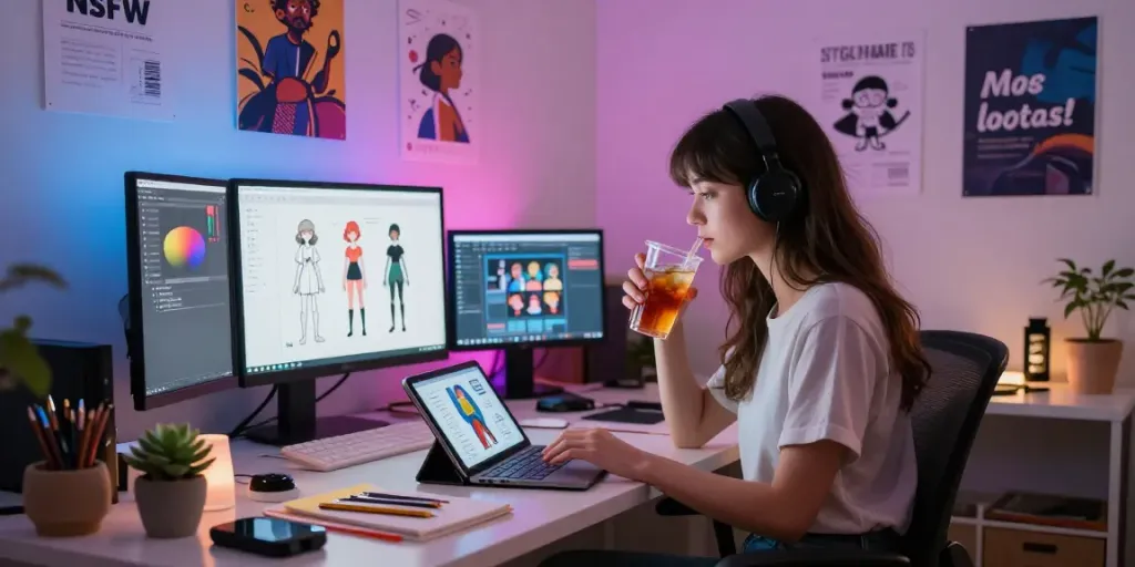 Creative workspace featuring nsfw ai character design tools and vibrant lighting.