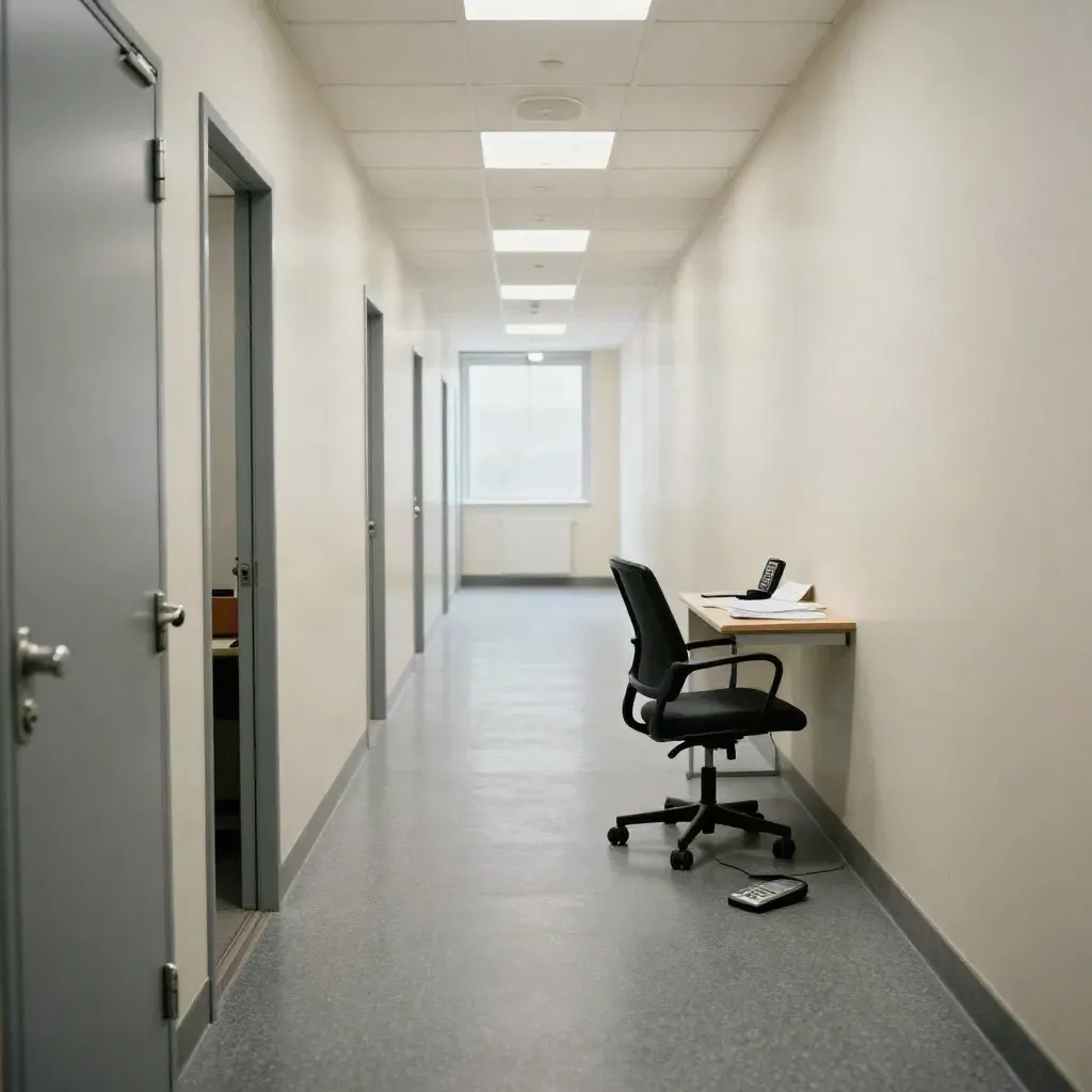 Couloir de bureau vide, chaise renversée et dossier scellé dans une lumière grise.