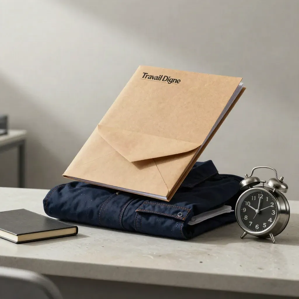 Dossier kraft, enveloppe scellée, veste de travail, carnet fermé et réveil métal sous lumière après pluie.