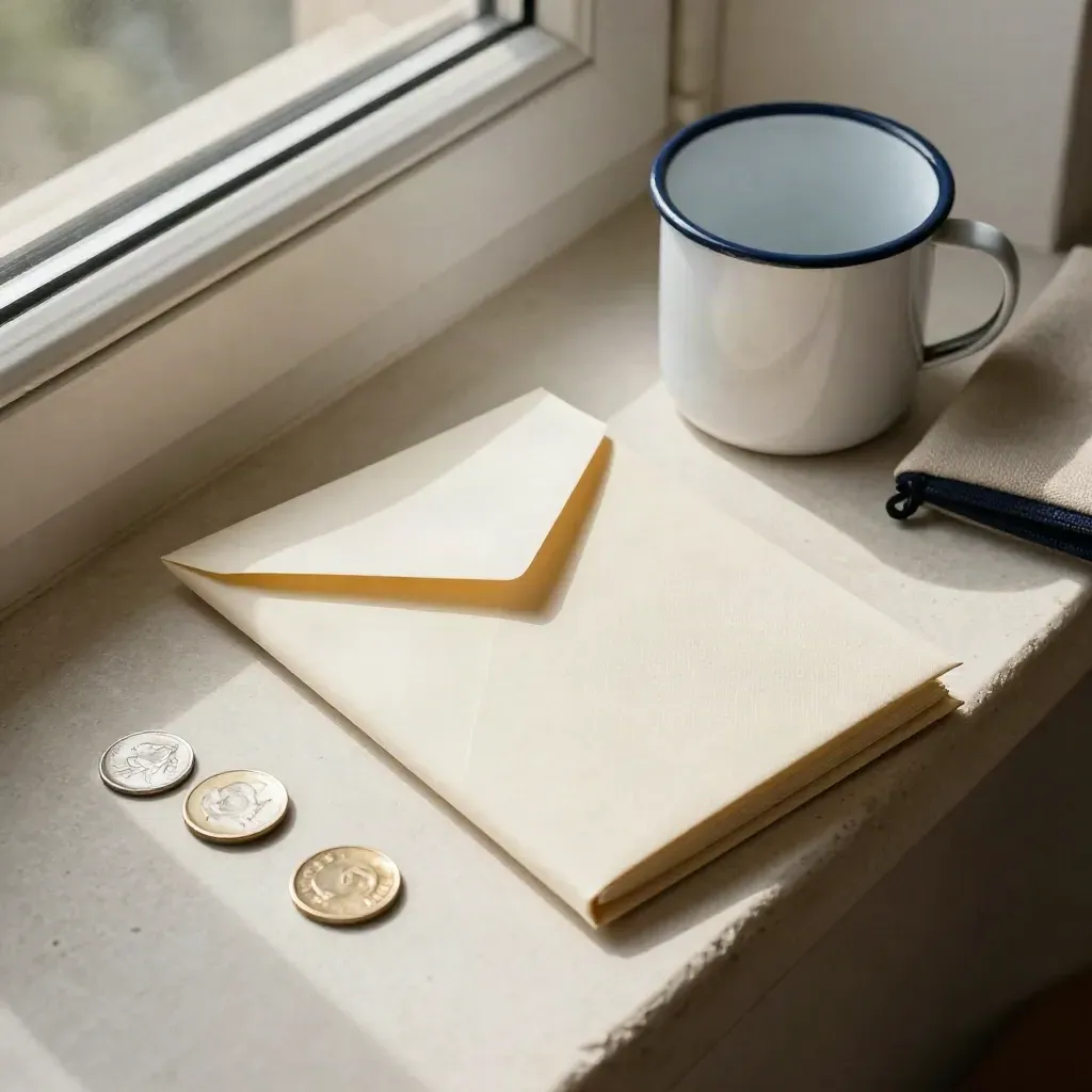 Enveloppe de paie crème, carnet fermé, pièces, mug émaillé et pochette sur une pierre claire.