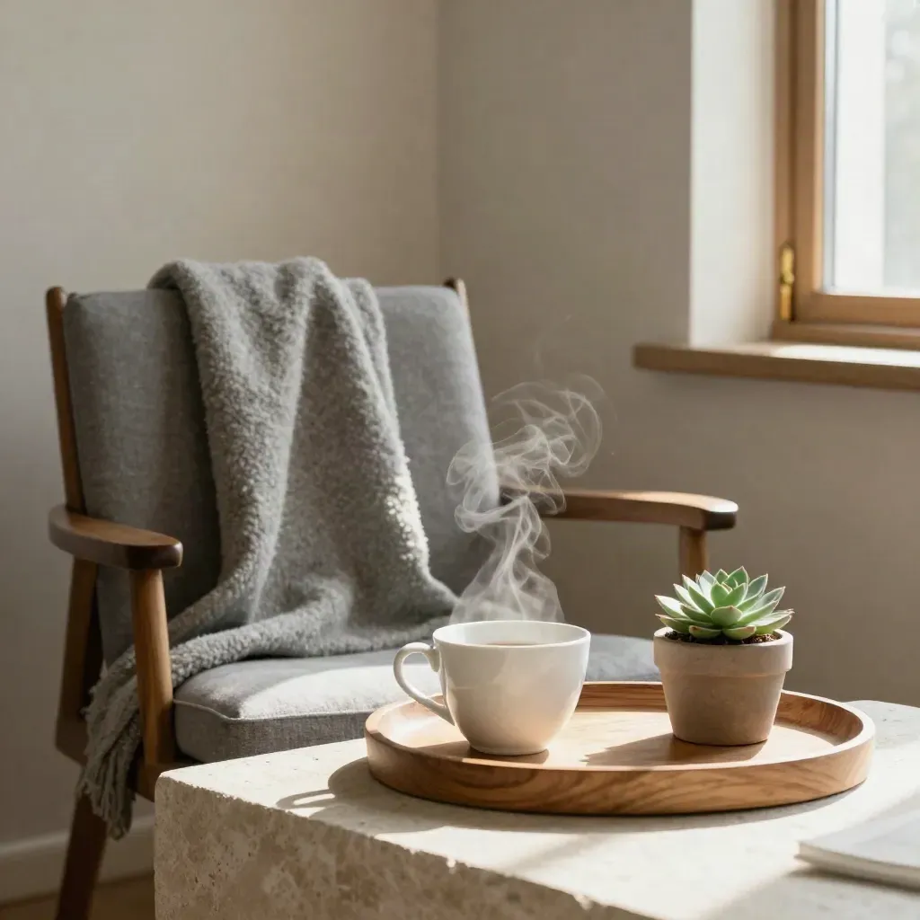 salle de pause calme, tasse fumante, chaise repoussée, couverture et plante grasse