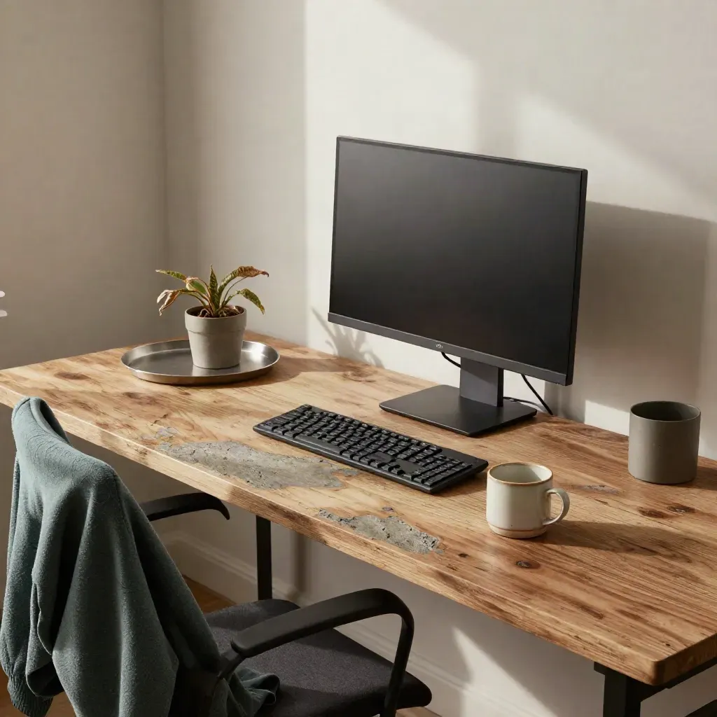 Bureau vide en fin de journée, écran noir, chaise reculée, cardigan teal plié, mug à moitié plein, plante sèche.