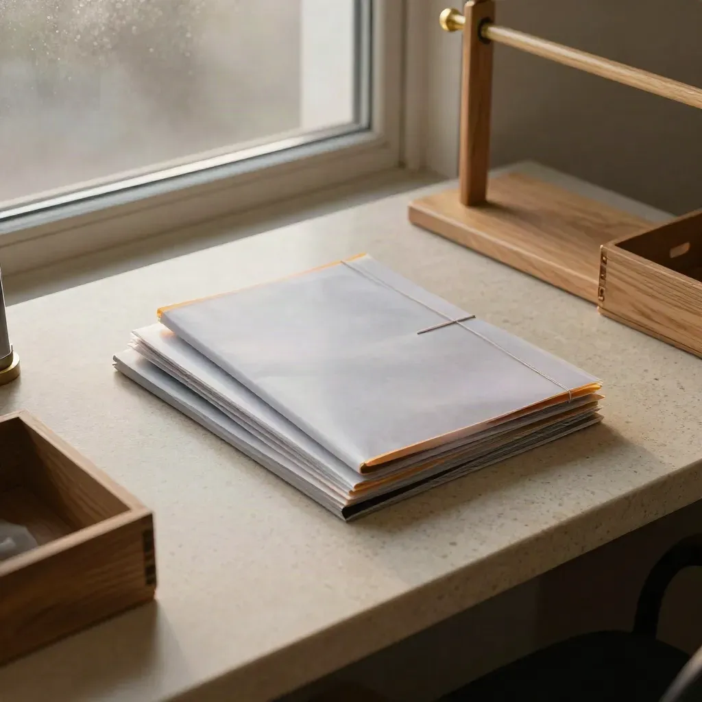 Dossiers liés et pochettes transparentes près d’une fenêtre au petit matin, ambiance tendue.