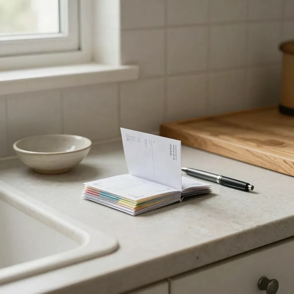 Vue zénithale de fiches de paie pliées, coupelle en grès et stylo sur un plan de cuisine clair.