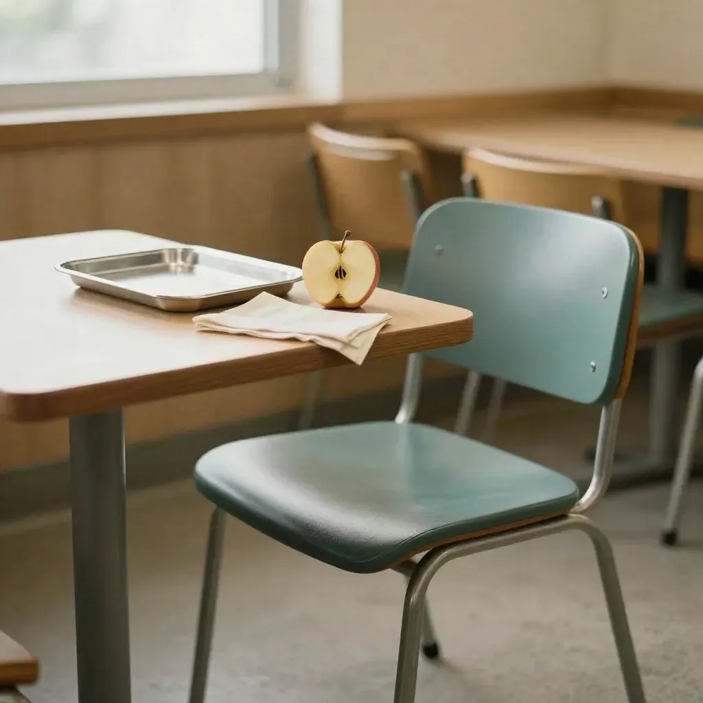 Chaise vide, plateau-repas vide, serviette froissée et pomme entamée au bord d’une table de pause.