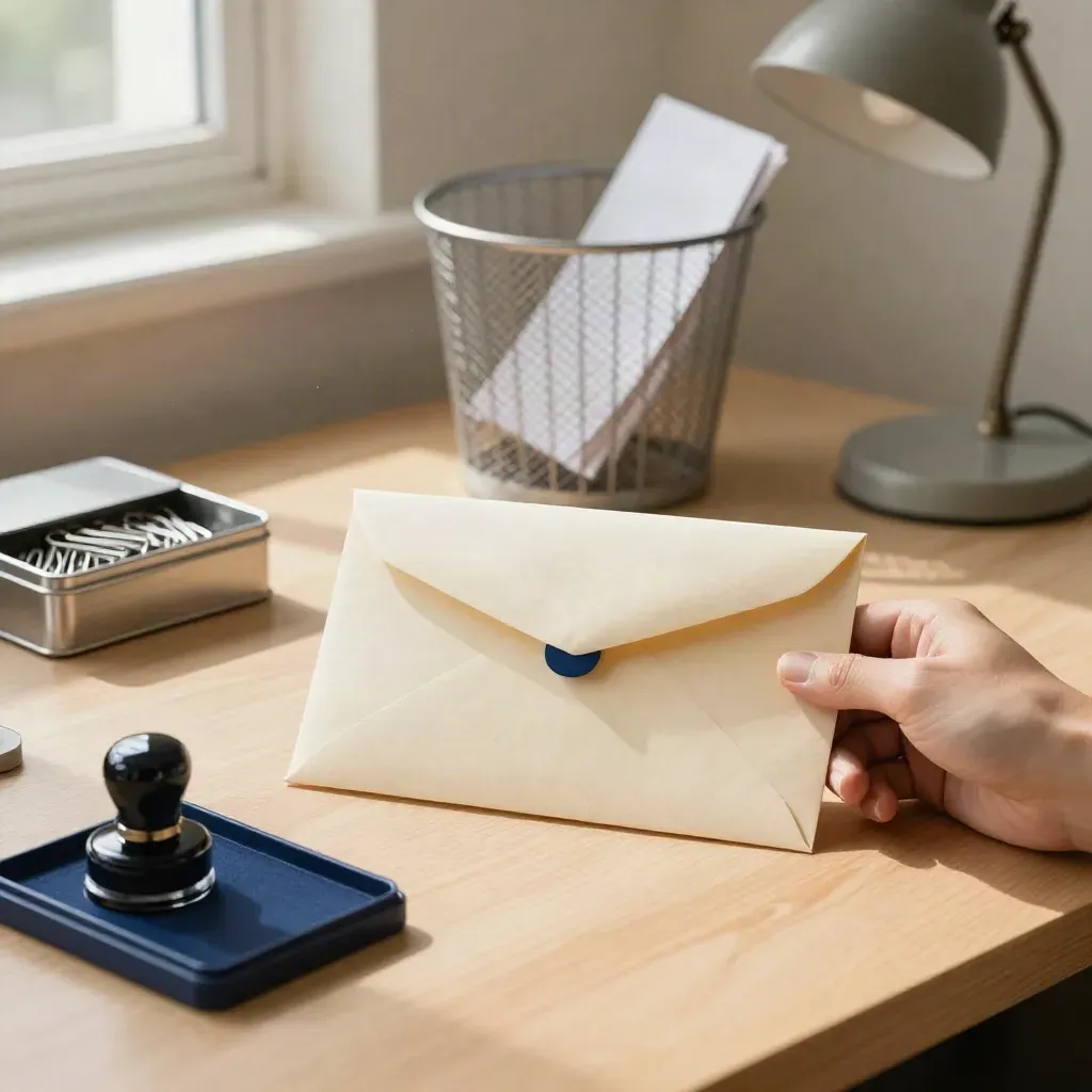 Enveloppe scellée, trombones, corbeille métallique et lampe éteinte dans un bureau calme.