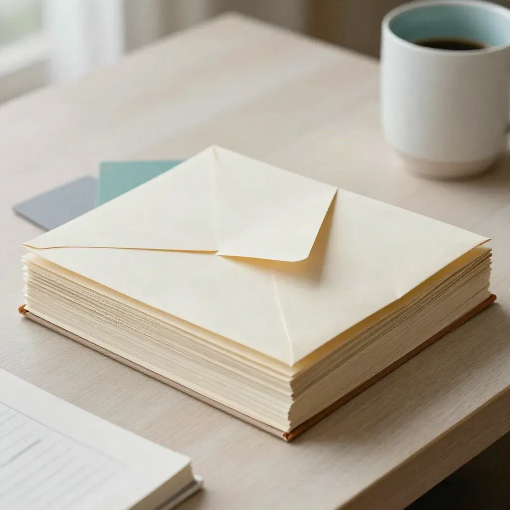 Vue en plongée d’un dossier de paie ouvert, fiches retournées, carnet et tasse sur bureau clair.