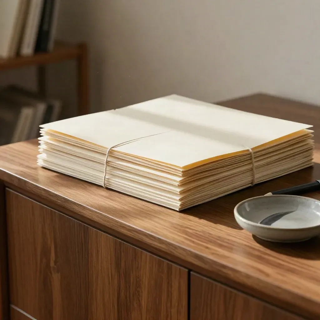Trois pochettes attachées, un stylo fermé et une coupelle en céramique sur un bureau en lumière douce.