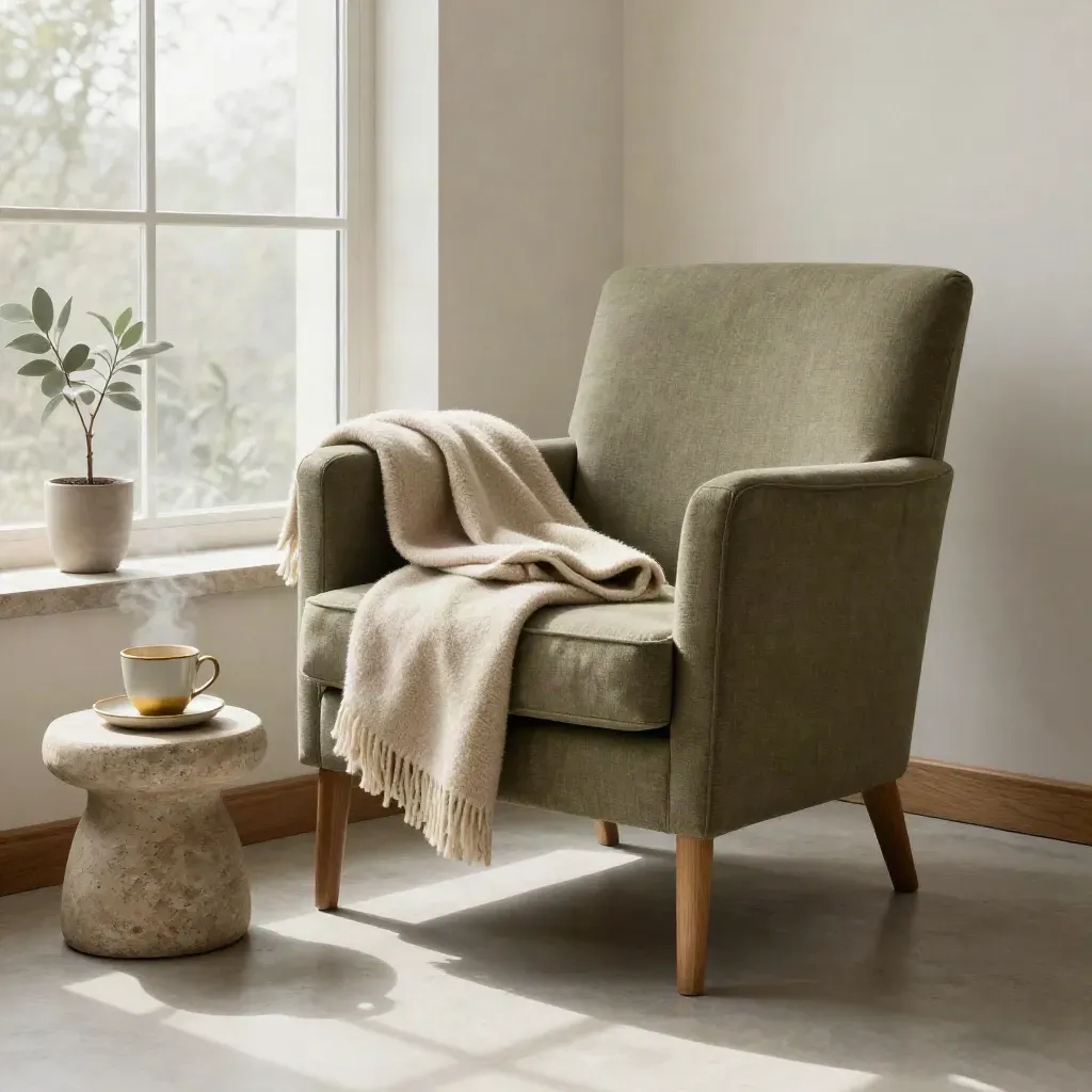 Fauteuil vide, couverture pliée, tasse fumante et plante près d’une fenêtre lumineuse.