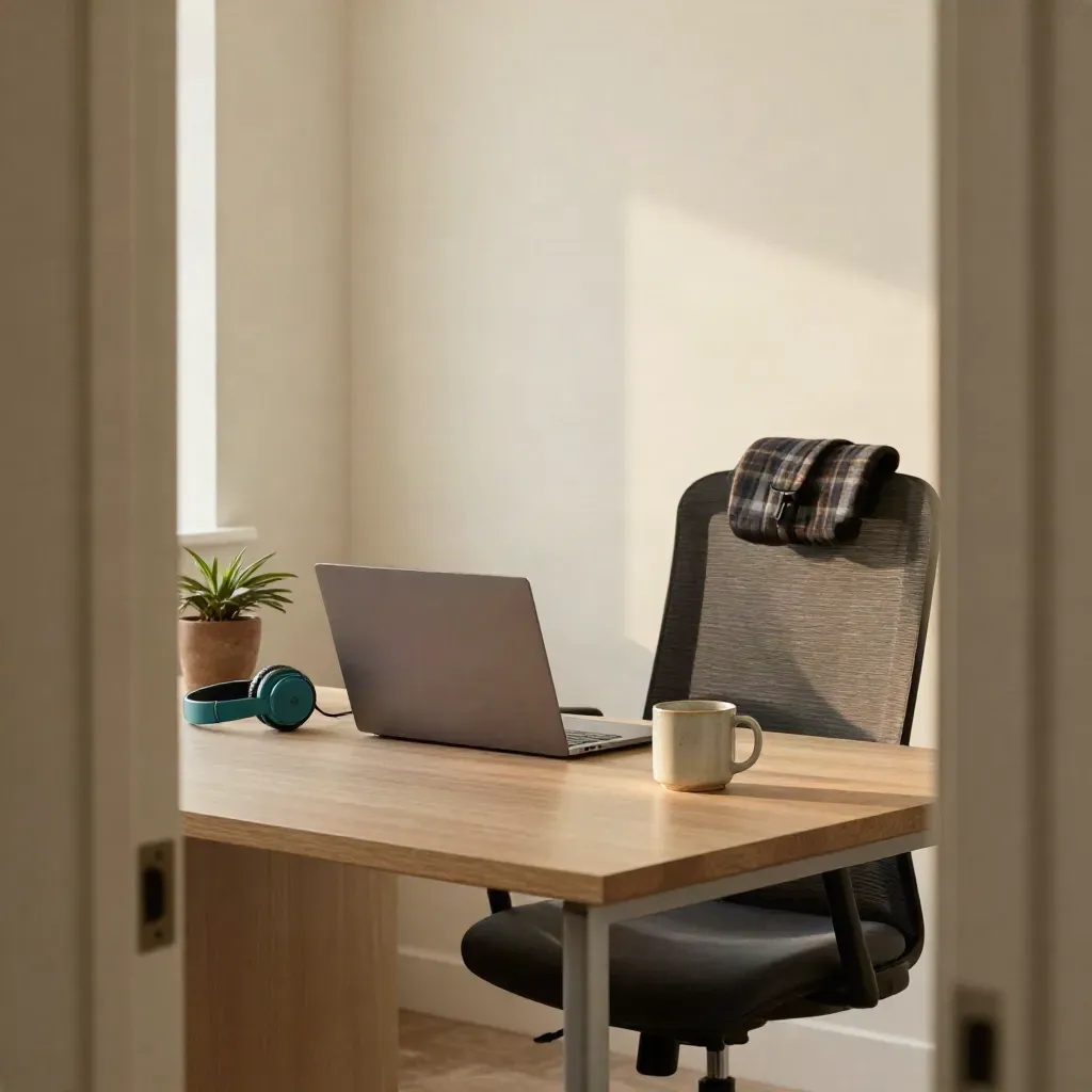 Bureau de fin de journée avec laptop fermé, tasse, plaid, plante et casque audio, lumière douce.