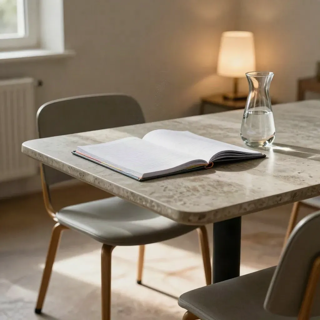 Table de réunion prête pour un échange CSE, dossier ouvert, carafe d’eau et intercalaires.