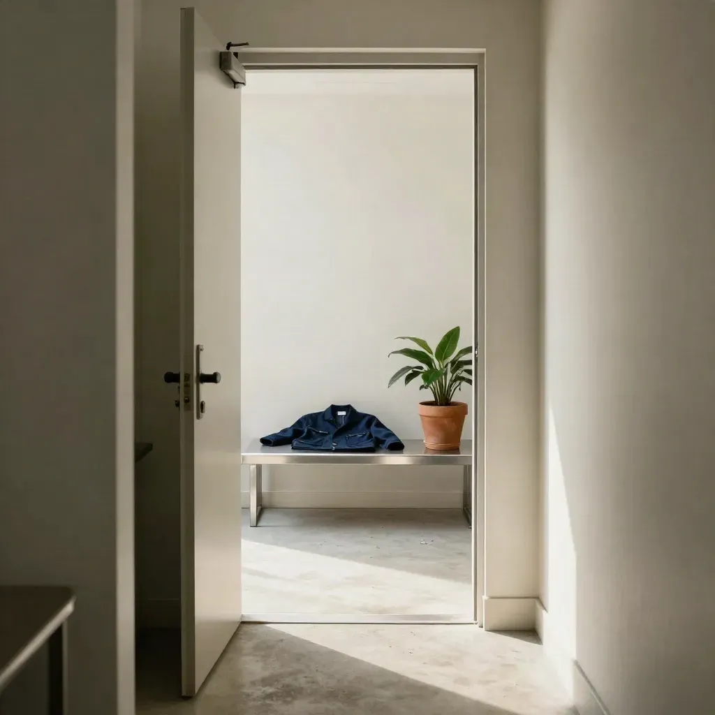 Entrée d’atelier lumineuse, veste bleue pliée, plante et porte ouverte sur béton clair.