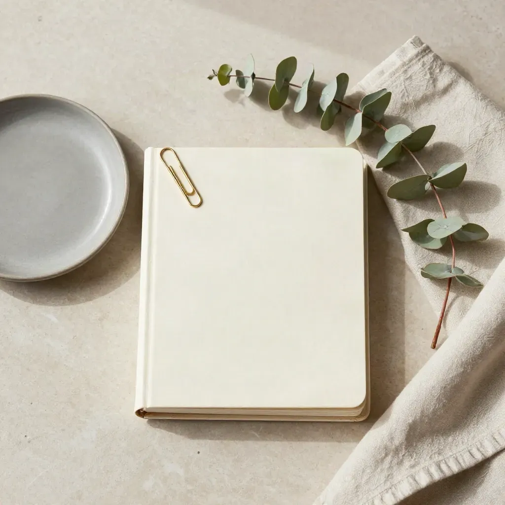 Classeur crème, trombone doré, coupelle mate et eucalyptus sur pierre claire.