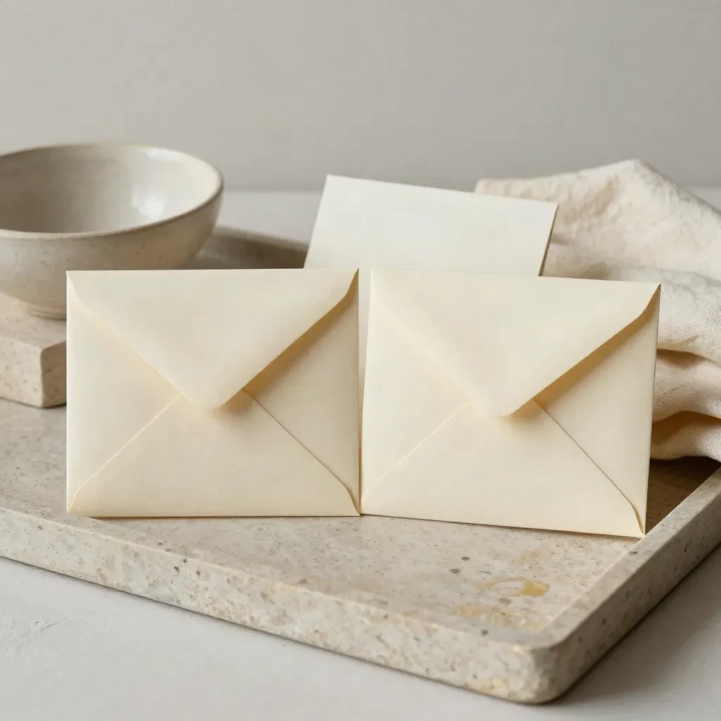 Deux enveloppes de paie crème sur pierre, avec coupe en grès et lin plié.