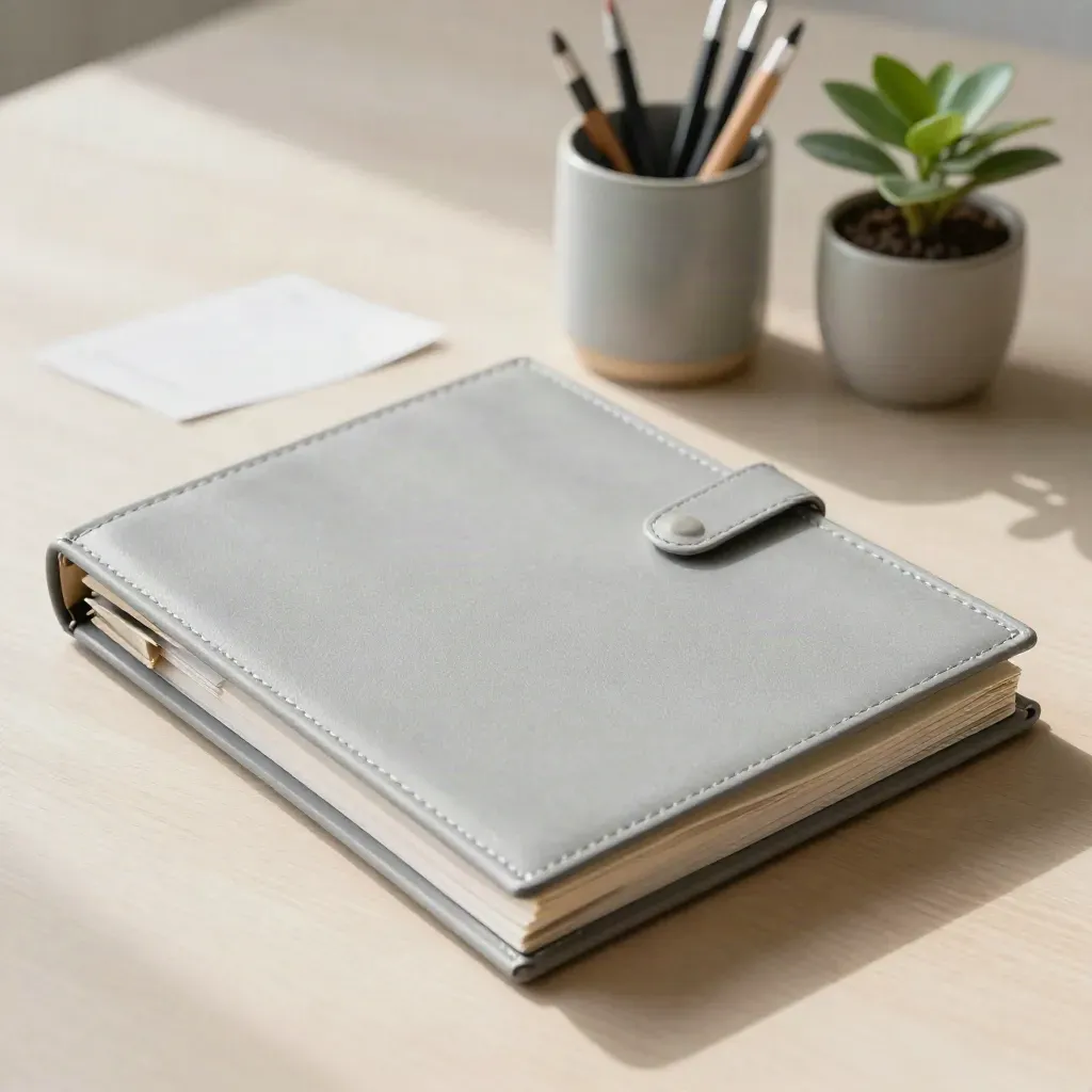 Classeur gris perle ouvert, intercalaires, pot en céramique et plante sur bois clair.