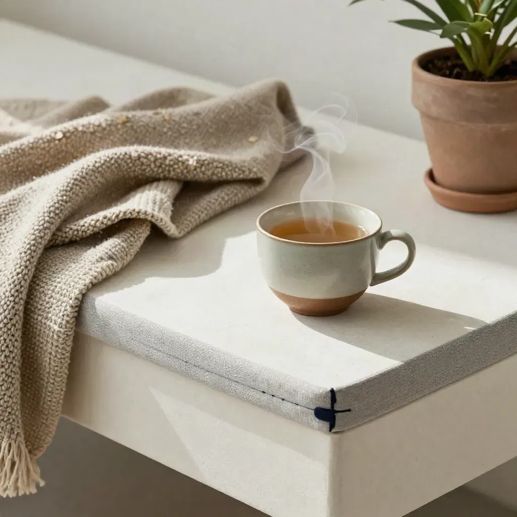 coussin de méditation, tisane fumante, plaid en laine et plante sur un banc clair