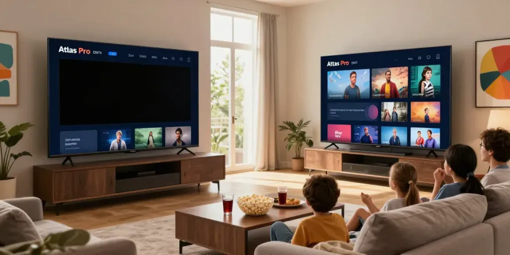 Une famille profitant de l'application atlas pro ontv dans un salon moderne.